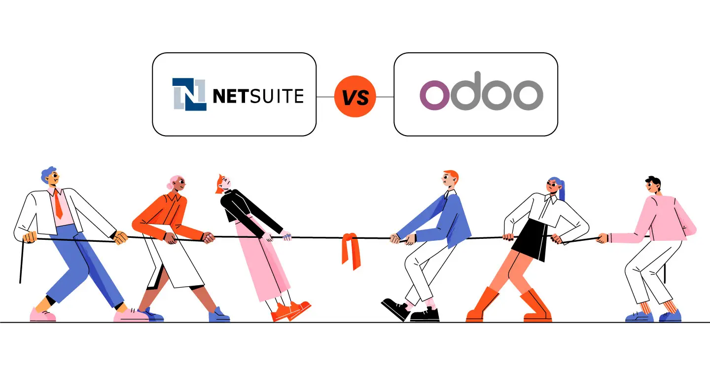 Netsuite Vs Odoo an illustration showing a tug-of-war between two teams representing NetSuite and Odoo, visually emphasizing a head‑to‑head comparison between the two ERP platforms